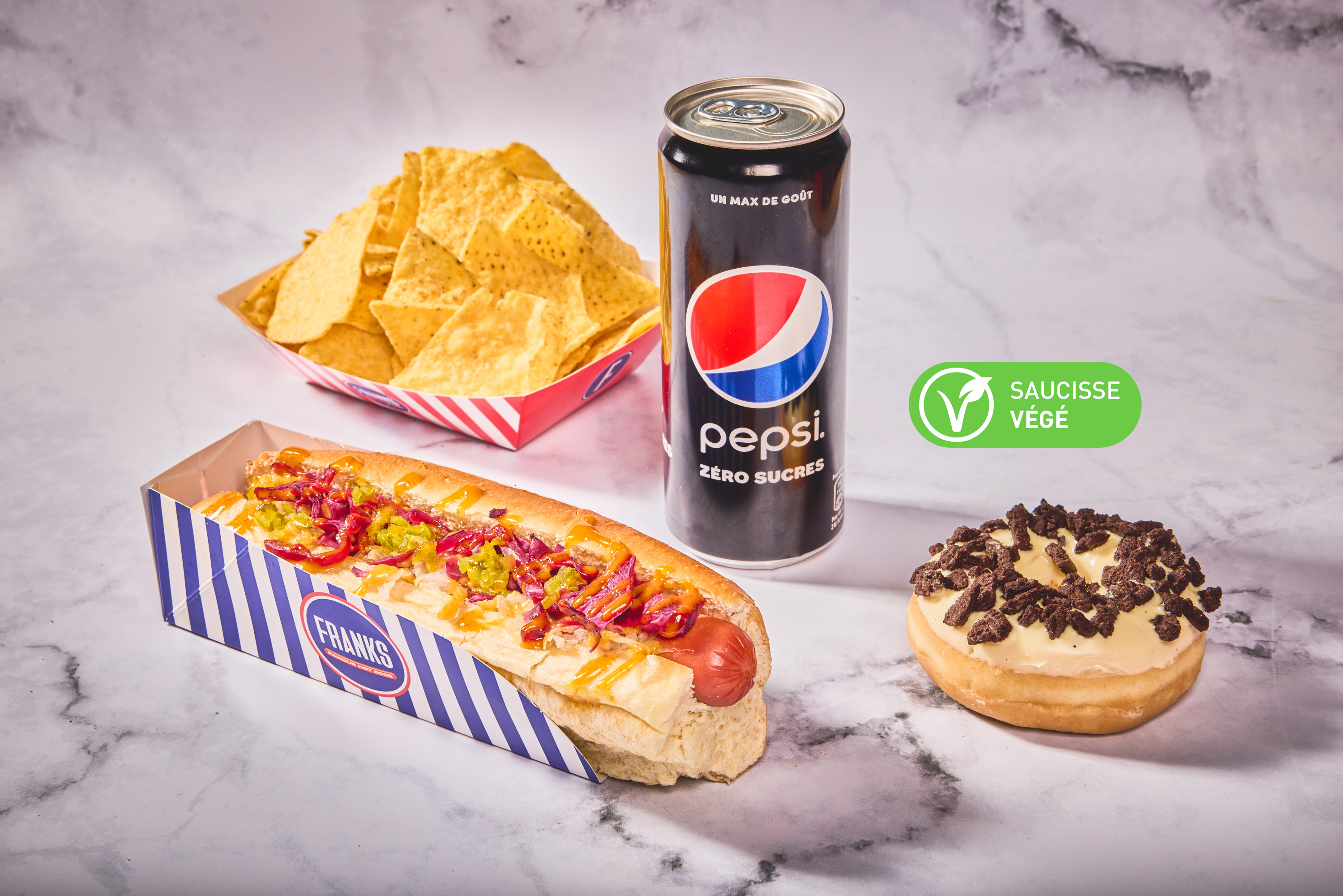 Formule Végé Franks Desserts (Hot Dog + Boisson + Dessert + Side)