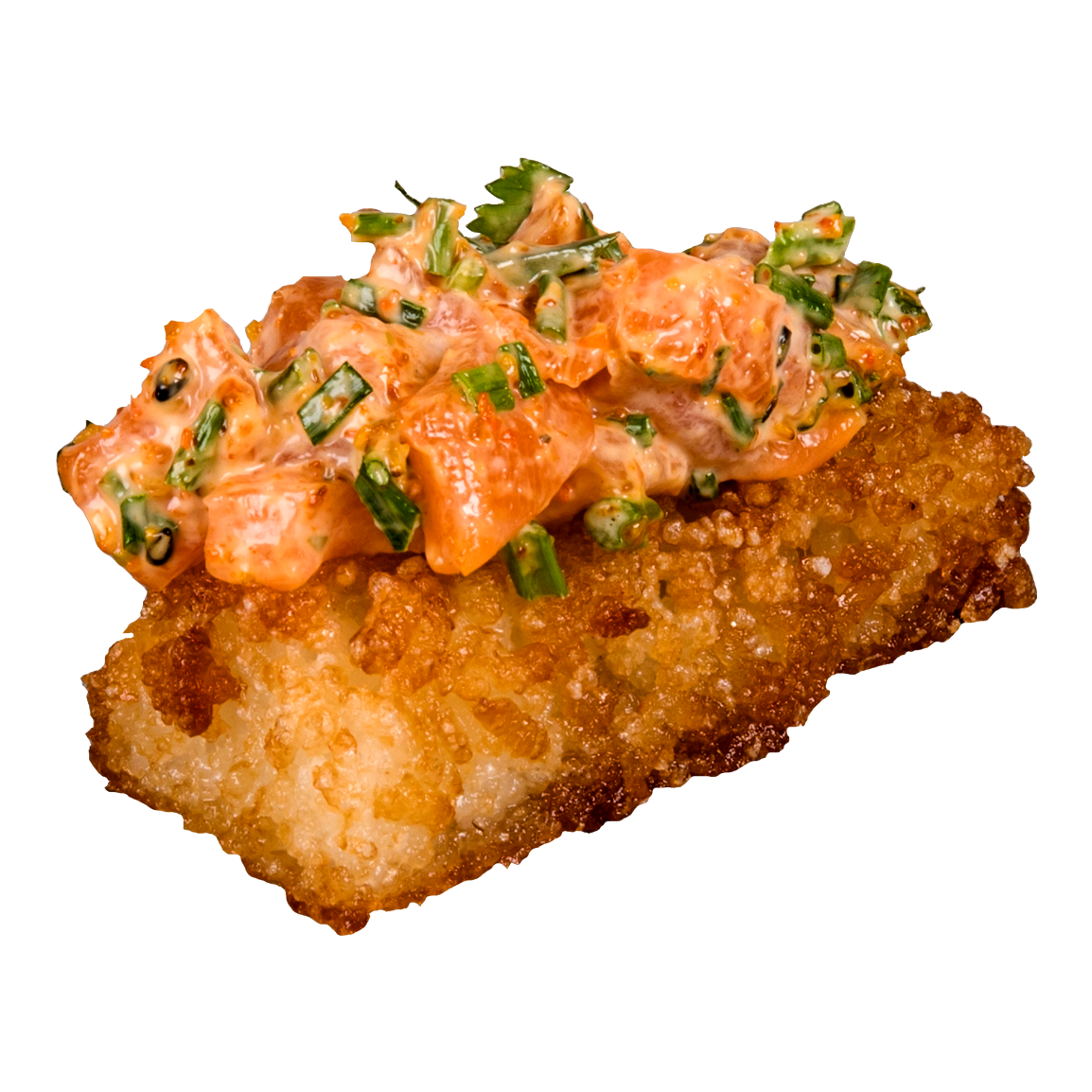 4 Pièces.<br />Riz frit, tartare de saumon, salsa anticucho, ciboulette,  jalapeño.