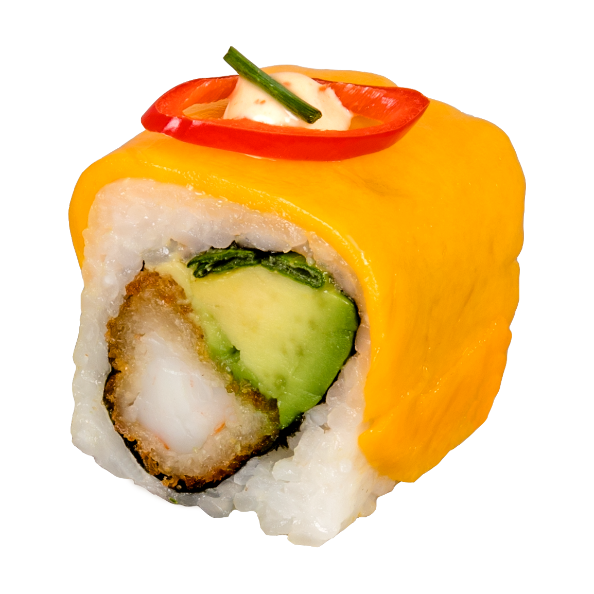 Au dessus: Émincé de mangue, sauce épicé maison,piment jalapeño, cébette<br />
à l'intérieur: crevette tempura maison avocat
