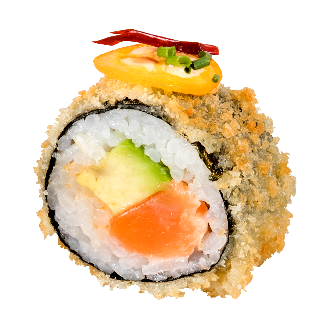 Au dessus : Frit en tempura , kumquat, piment, coriandre, masago<br />
à l'intérieur: Saumon, sauce nikkei, avocat