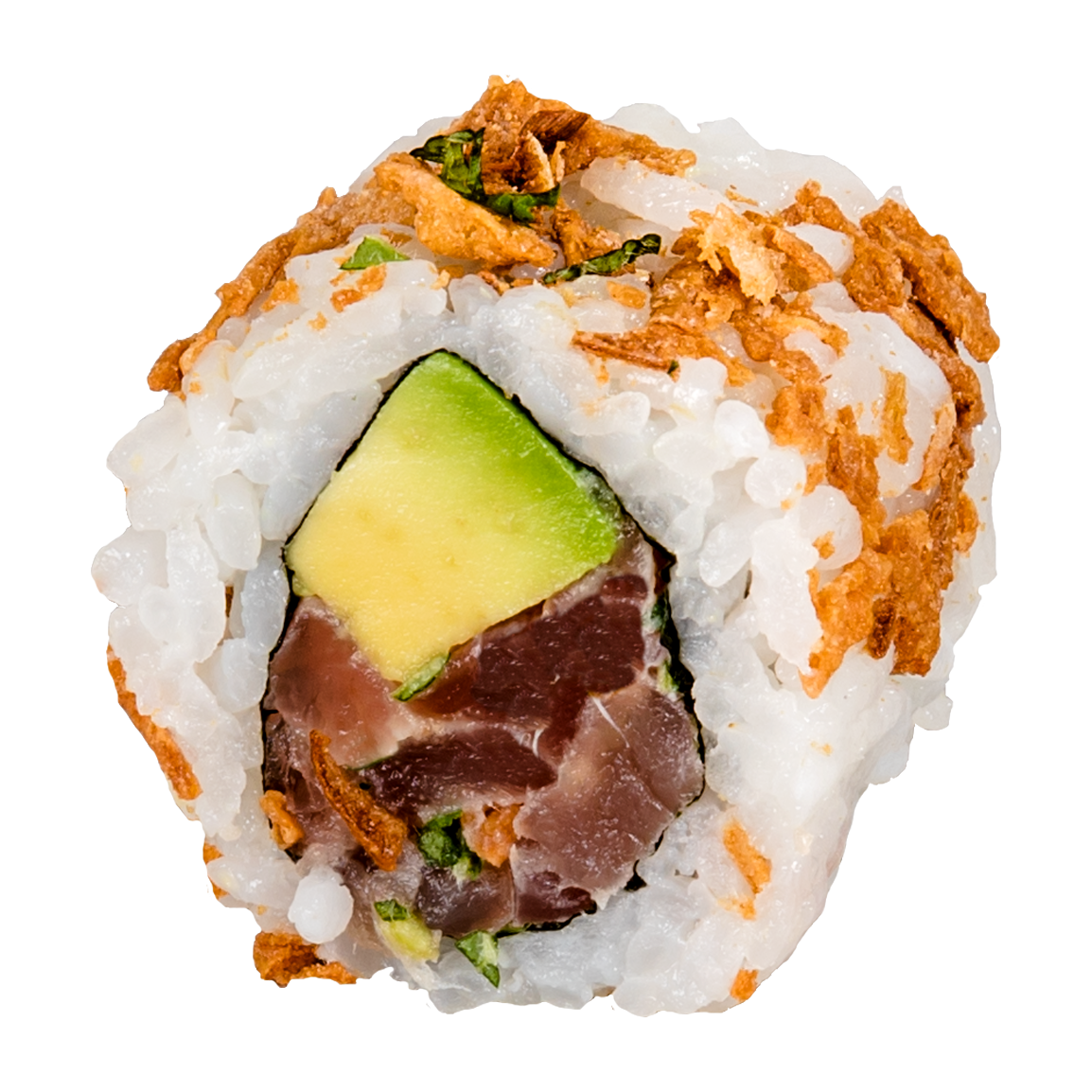 6 pièces.<br />Tatare de thon au couteau, sauce lait de coco infusé à la menthe, , cebette, oignon frit, avocat