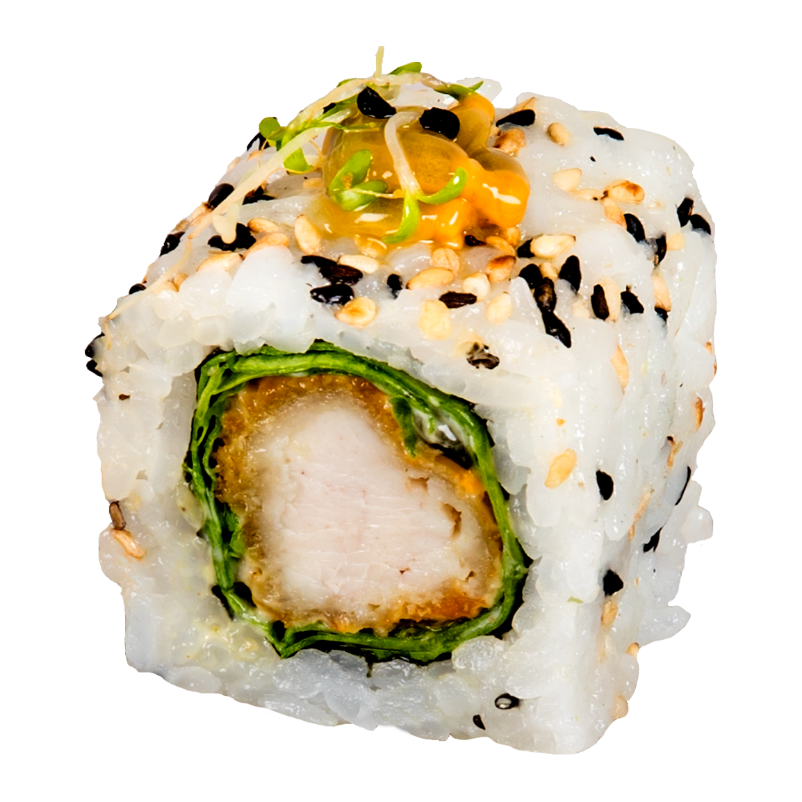 6 pièces.<br />Poulet tempura maison,sauce anticucho, laitue, basilic, grenade fraiche, pousse de moutarde.