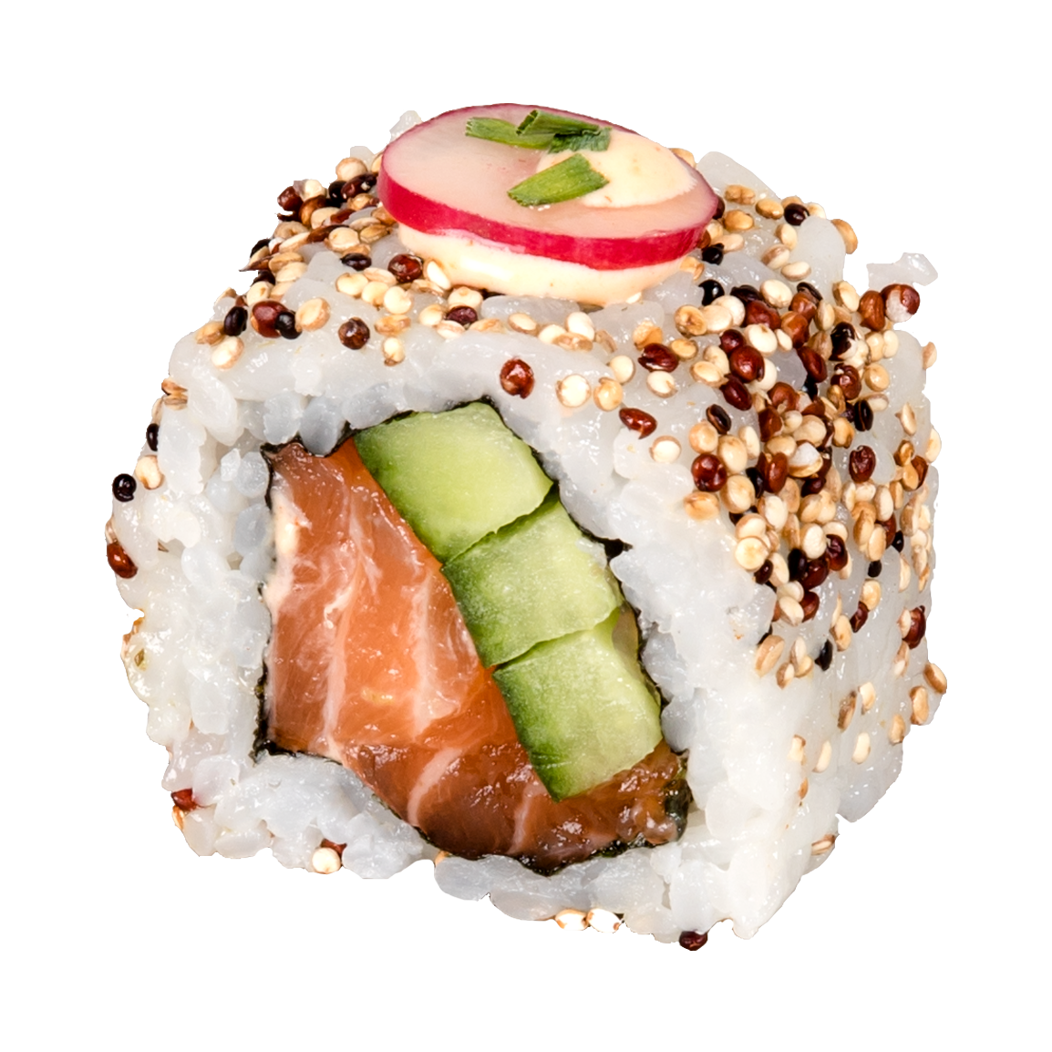 6 pièces.<br />Roulé dans le quinoa grillé, saumon label rouge, concombre, radis, sauce épicée, ciboulette.